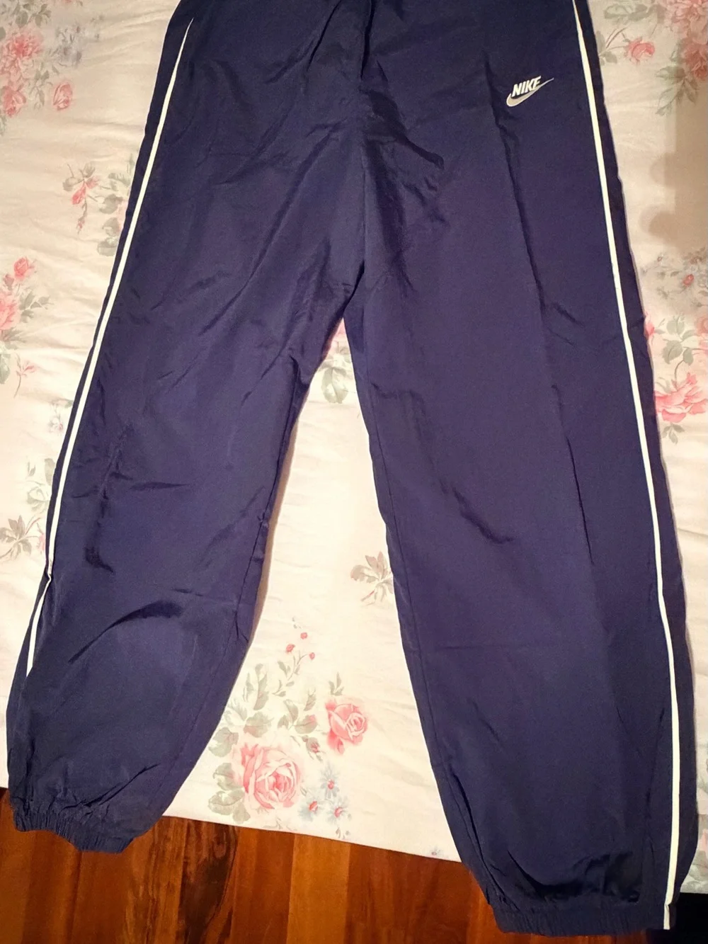 Nike Navy Blue Women's Track Pants with White Stripe